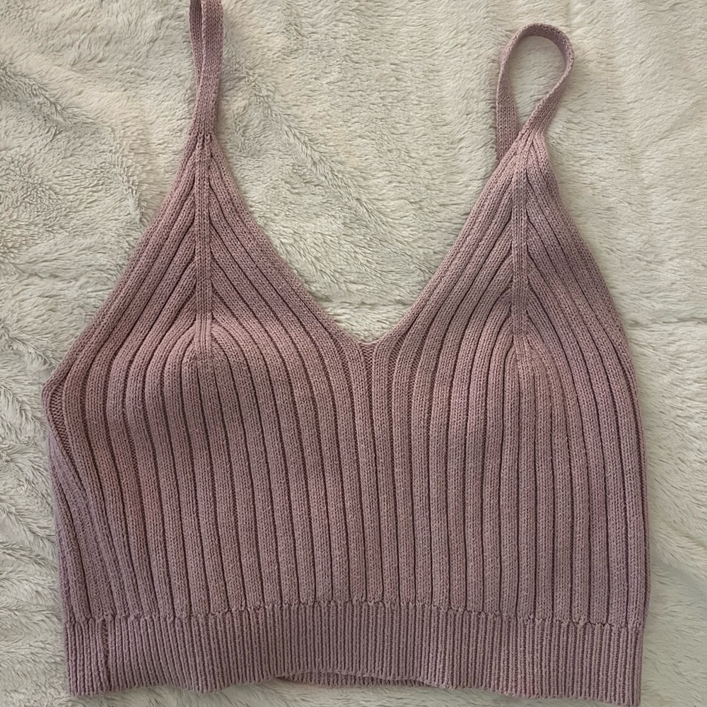 Ribbed Knit Spaghetti Strap Crop Top - Mauve Pink